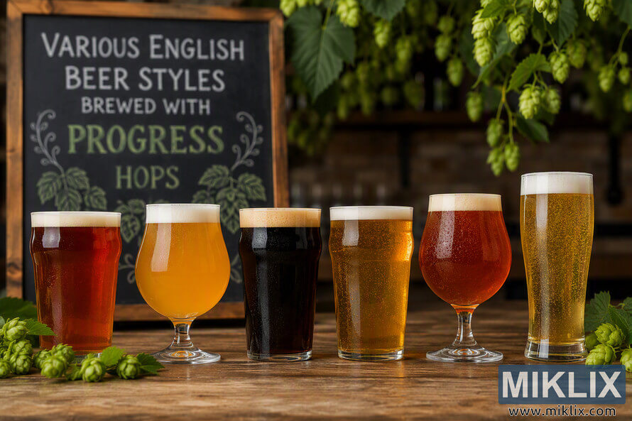A landscape-format brewery-themed image showing six different English-style beers arranged on a rustic wooden table. The beers range from pale golden to deep amber and nearly black, each served in a different glass shape. Fresh green hop bines and hop cones hang overhead and frame the scene. In the background, a chalkboard-style sign references English beer styles brewed with Progress hops. Warm lighting highlights the foam, carbonation, glass reflections, and rich colors of the beers, creating a traditional craft brewing atmosphere. A landscape-format brewery-themed image showing six different English-style beers arranged on a rustic wooden table. The beers range from pale golden to deep amber and nearly black, each served in a different glass shape. Fresh green hop bines and hop cones hang overhead and frame the scene. In the background, a chalkboard-style sign references English beer styles brewed with Progress hops. Warm lighting highlights the foam, carbonation, glass reflections, and rich colors of the beers, creating a traditional craft brewing atmosphere.