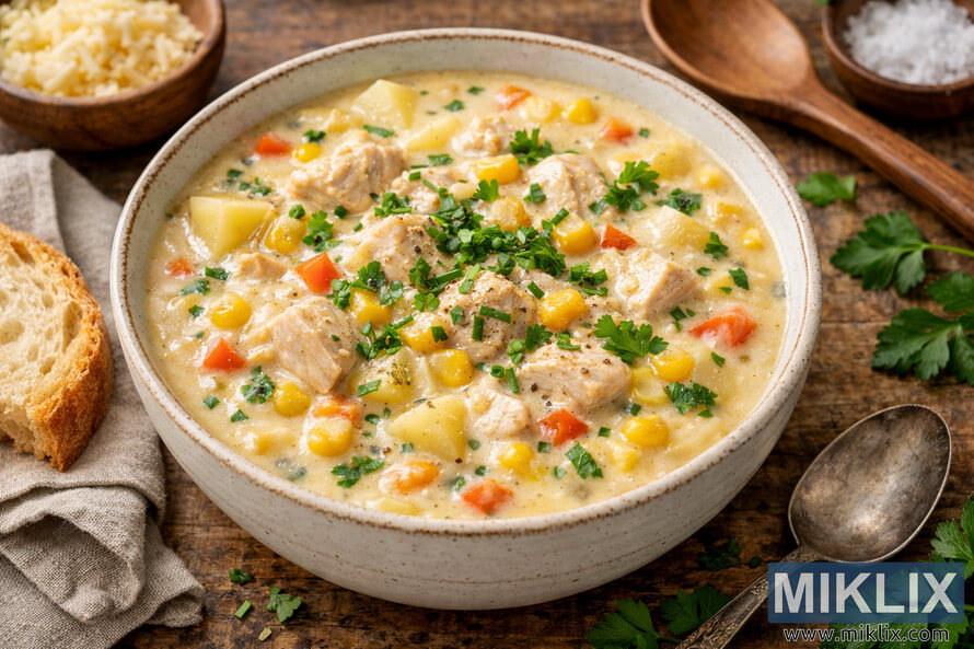 A rustic off-white ceramic bowl filled with creamy chicken and corn chowder, garnished with fresh parsley and chives, sits on a weathered wooden table. A rustic off-white ceramic bowl filled with creamy chicken and corn chowder, garnished with fresh parsley and chives, sits on a weathered wooden table.
