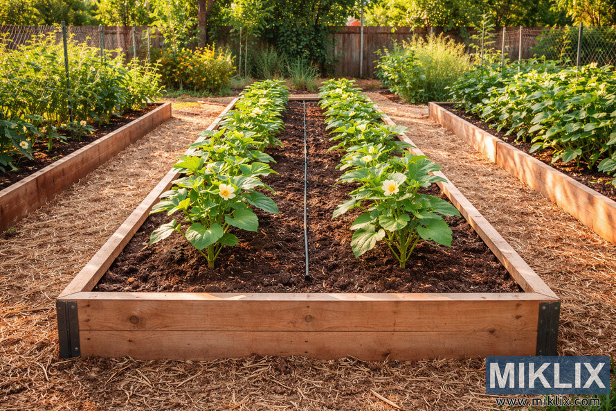 Wooden raised garden bed with rows of young okra plants, dark soil, and drip irrigation in a sunlit backyard vegetable garden.