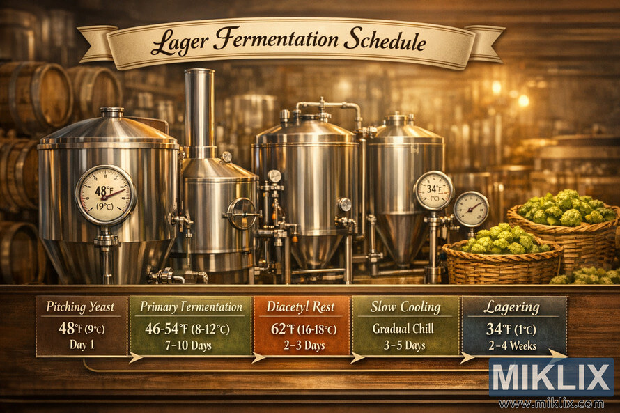 Elegant infographic of a traditional lager fermentation schedule with a stylized timeline, stainless steel fermentation tanks, temperature gauges, wooden barrels, and hops in a warmly lit brewery setting. Elegant infographic of a traditional lager fermentation schedule with a stylized timeline, stainless steel fermentation tanks, temperature gauges, wooden barrels, and hops in a warmly lit brewery setting.