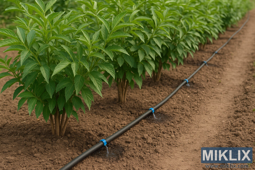 Garis irigasi netes nyiram barisan pepelakan elderberry anu sÃ©hat dina sawah anu dibudidaya.
