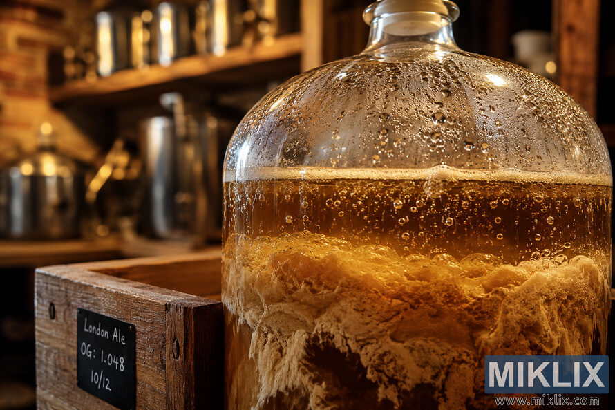 Close-up of an active London Ale fermentation inside a glass carboy with bubbling yeast, swirling golden-brown sediment, condensation on the glass, and a rustic brewery background with warm ambient lighting. Close-up of an active London Ale fermentation inside a glass carboy with bubbling yeast, swirling golden-brown sediment, condensation on the glass, and a rustic brewery background with warm ambient lighting.
