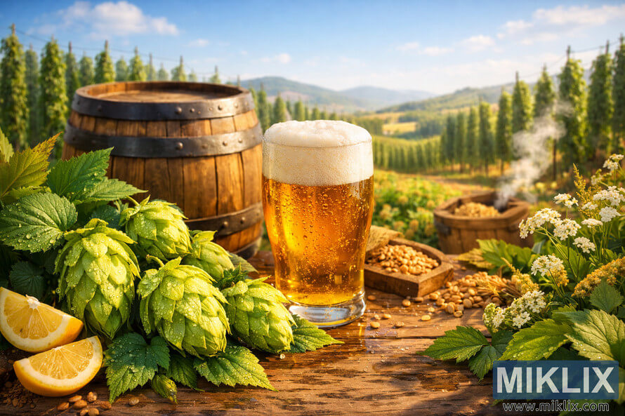 An idyllic brewing scene featuring fresh Mathon hop flowers, a wooden barrel, and a glass of golden beer set against a hop farm landscape under a clear blue sky.