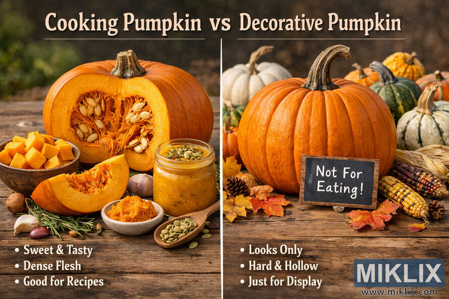 Landscape comparison photo showing a halved cooking pumpkin with soup, seeds, and spices on the left, and a large decorative pumpkin surrounded by gourds, dried corn, autumn leaves, and a small sign reading "Not For Eating!" on the right, all arranged on a rustic wooden surface with a blurred garden background.