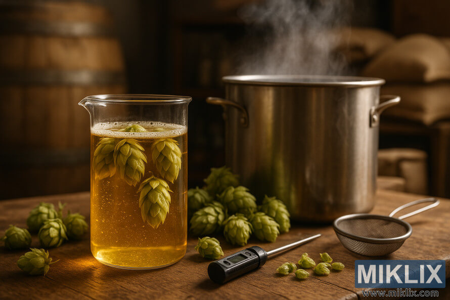 BodegÃ³n de lÃºpulo Sterling en mosto con herramientas y equipos para elaboraciÃ³n de cerveza.