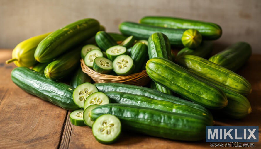 KÃ¼lÃ¶nbÃ¶zÅ mÃ©retÅ± Ã©s Ã¡rnyalatÃº friss uborka rusztikus fa felÃ¼leten szeletelt rÃ©szekkel Ã©s fonott kosÃ¡rral.