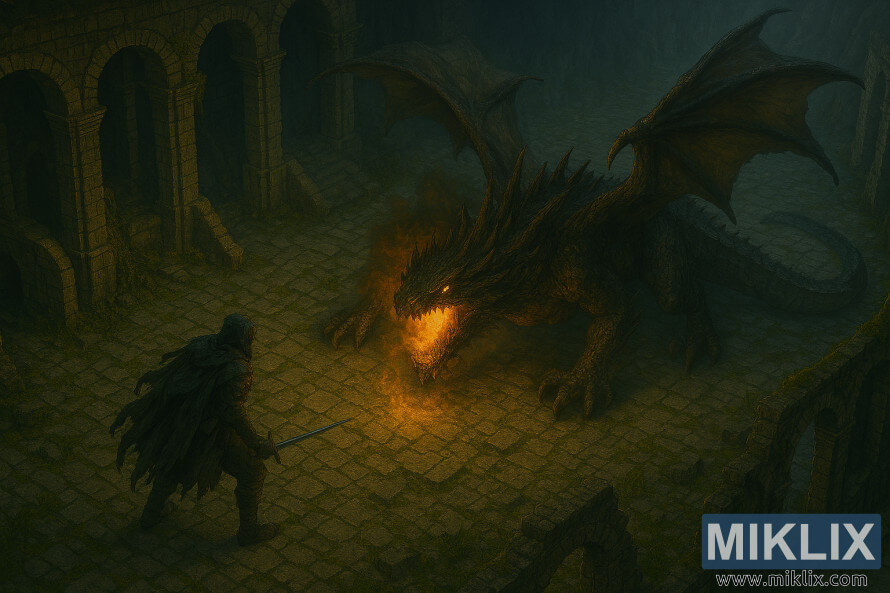 Tranh phong cáº£nh giáº£ tÆ°á»ng theo gÃ³c nhÃ¬n isometric mÃ´ táº£ cuá»c Äá»i Äáº§u giá»¯a Tarnished vÃ  Magma Wyrm Makar trong má»t hang Äá»ng Äá» nÃ¡t.