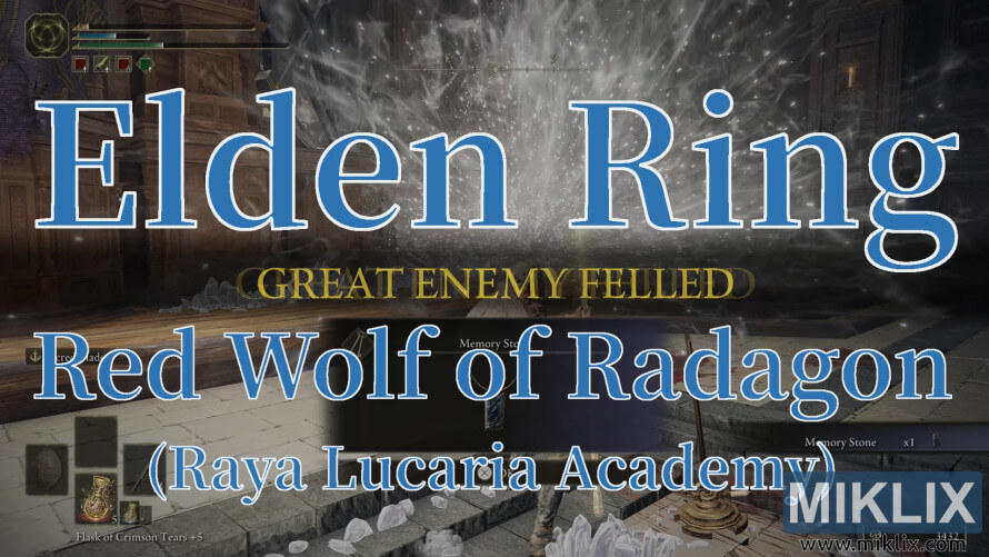 Elden Ring Red Wolf of Radagon defeated at Raya Lucaria Academy. Elden Ring Red Wolf of Radagon defeated at Raya Lucaria Academy.