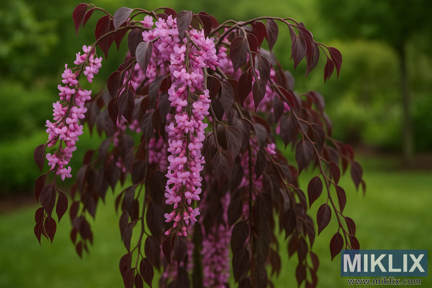 Un arbre Redbud de Ruby Falls arborant des branches en cascade avec des feuilles violet foncÃ© et des grappes de fleurs rose-lavande sur un fond de jardin vert doux.