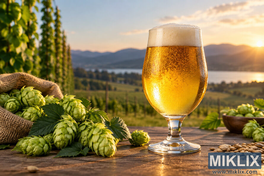 Chilled tasting glass of sparkling golden lager with a creamy foam head and condensation, surrounded by fresh green hop cones and malt grains on a rustic wooden table, with hop fields, water, distant hills, and a warm sunset in the background. Chilled tasting glass of sparkling golden lager with a creamy foam head and condensation, surrounded by fresh green hop cones and malt grains on a rustic wooden table, with hop fields, water, distant hills, and a warm sunset in the background.