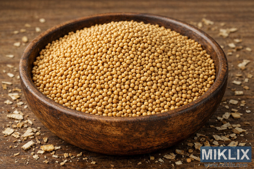 Landscape photograph of clean processed mustard seeds in a rustic wooden bowl with chaff scattered on a wooden surface.