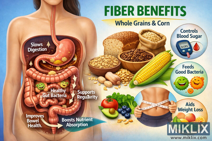 Educational illustration showing the human digestive system and the benefits of dietary fiber from whole grains and corn, including improved digestion, healthy gut bacteria, and nutrient absorption. Educational illustration showing the human digestive system and the benefits of dietary fiber from whole grains and corn, including improved digestion, healthy gut bacteria, and nutrient absorption.