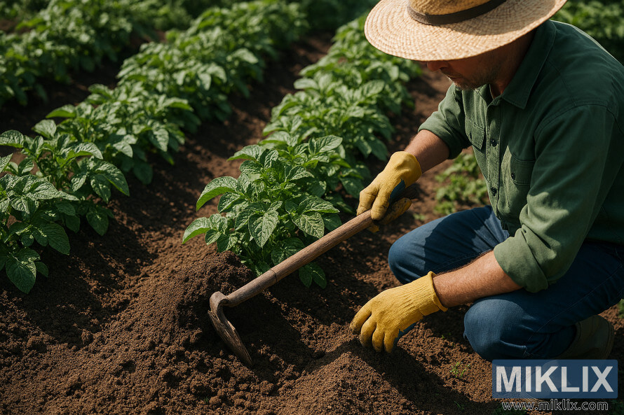 Gardener using a hoe to mound soil around potato plants in a sunlit vegetable garden