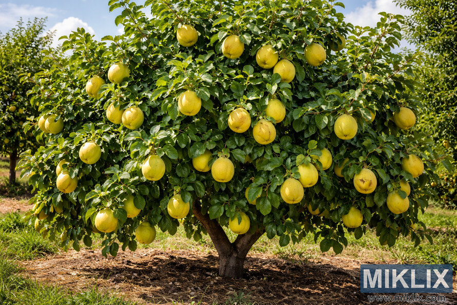 High-resolution landscape photo of a healthy quince tree laden with golden-yellow fruit in a sunny orchard.