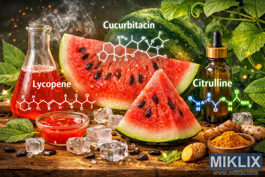 High-resolution landscape photo showing sliced watermelon on a wooden surface, surrounded by ice cubes, seeds, and a small bowl of red watermelon juice. A glass Erlenmeyer flask with red liquid emits glowing vapor on the left, while an amber dropper bottle with a suspended golden droplet stands on the right. Overlaid molecular structures labeled Lycopene, Cucurbitacin, and Citrulline float above the scene, with green leaves, glowing particles, and turmeric roots and powder in the background, illustrating anti-inflammatory plant compounds in watermelon. High-resolution landscape photo showing sliced watermelon on a wooden surface, surrounded by ice cubes, seeds, and a small bowl of red watermelon juice. A glass Erlenmeyer flask with red liquid emits glowing vapor on the left, while an amber dropper bottle with a suspended golden droplet stands on the right. Overlaid molecular structures labeled Lycopene, Cucurbitacin, and Citrulline float above the scene, with green leaves, glowing particles, and turmeric roots and powder in the background, illustrating anti-inflammatory plant compounds in watermelon.