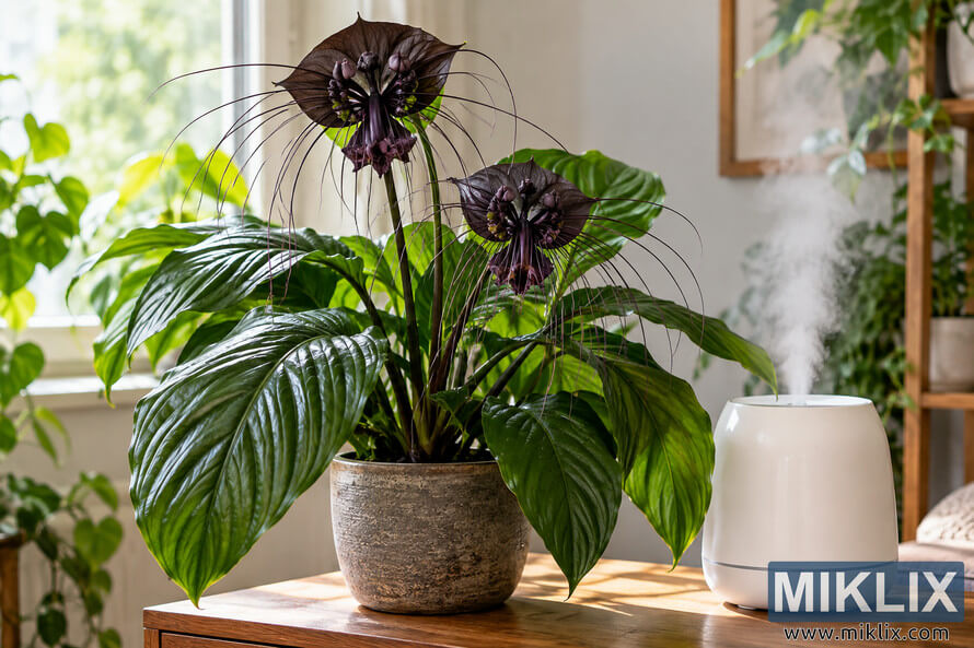Large green bat plant with dark whiskered flowers beside a white misting humidifier on a wooden table near a bright window. Large green bat plant with dark whiskered flowers beside a white misting humidifier on a wooden table near a bright window.