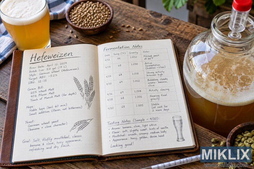 Open homebrewing journal with handwritten hefeweizen fermentation notes, gravity readings, and tasting observations on a rustic wooden table beside a hazy wheat beer, brewing grains, hop pellets, a hydrometer, and a glass fermenter with an airlock. Open homebrewing journal with handwritten hefeweizen fermentation notes, gravity readings, and tasting observations on a rustic wooden table beside a hazy wheat beer, brewing grains, hop pellets, a hydrometer, and a glass fermenter with an airlock.