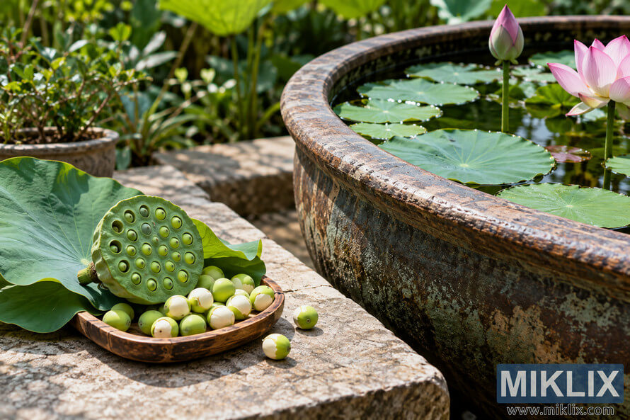 Lotus seeds and a green seed pod on a stone ledge beside a weathered water-garden pot with lotus leaves and pink flowers.