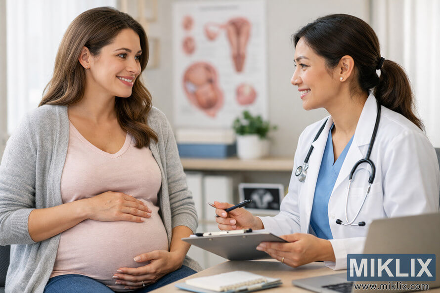 A pregnant woman sits across from a healthcare provider in a bright medical office, discussing prenatal care.