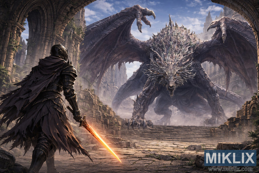 Prajurit lapis baja poék gaya anime nganggo pedang anu hurung nyanghareupan naga wyvern anu ageung jangkung di katedral gotik anu runtuh. Prajurit lapis baja poék gaya anime nganggo pedang anu hurung nyanghareupan naga wyvern anu ageung jangkung di katedral gotik anu runtuh.