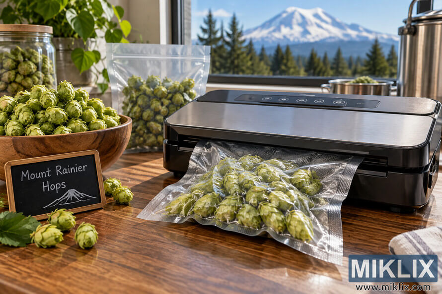 Landscape photo of a generic black and stainless-steel vacuum sealer packaging fresh green Mount Rainier hops in a clear bag on a wooden countertop, surrounded by loose hops, storage containers, brewing equipment, and a chalkboard labeled Mount Rainier Hops, with an evergreen forest and snow-covered mountain visible through the window. Landscape photo of a generic black and stainless-steel vacuum sealer packaging fresh green Mount Rainier hops in a clear bag on a wooden countertop, surrounded by loose hops, storage containers, brewing equipment, and a chalkboard labeled Mount Rainier Hops, with an evergreen forest and snow-covered mountain visible through the window.
