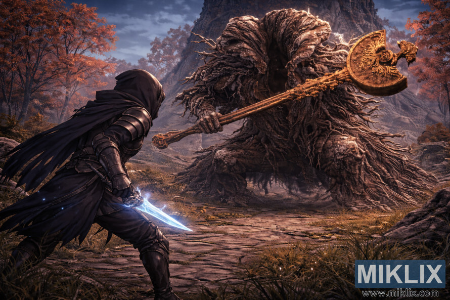 Solda Tarnished-in Elden Ring anime stilindÉki fanat sÉnÉti, dÃ¶yÃ¼ÅdÉn ÉvvÉl payÄ±z xarabalÄ±qlarÄ±nda gÃ¶rÃ¼nÉn nÉhÉng Erdtree AvatarÄ±na baxÄ±r.