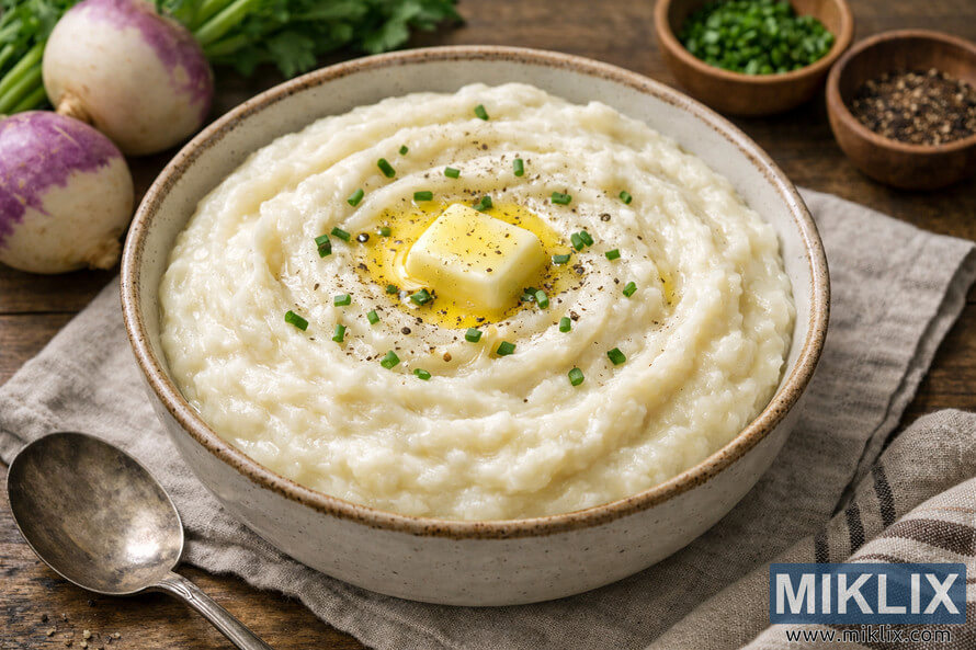 A bowl of creamy mashed turnips topped with melting butter, chopped chives, and cracked black pepper, surrounded by fresh turnips and rustic kitchen elements on a wooden table. A bowl of creamy mashed turnips topped with melting butter, chopped chives, and cracked black pepper, surrounded by fresh turnips and rustic kitchen elements on a wooden table.
