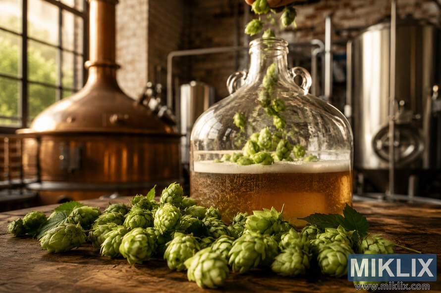 Fresh green Buket hop cones scattered across a rustic wooden brewing table in the foreground, with additional hops being poured into a glass carboy filled with golden amber beer. Warm natural light illuminates the brewery interior, while blurred brewing kettles and fermentation tanks create a cozy artisanal atmosphere in the background.