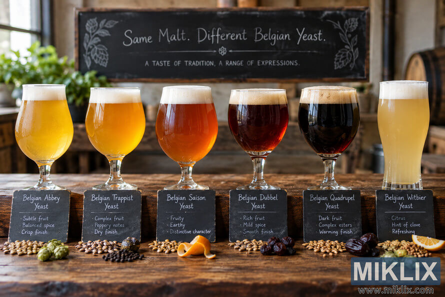 Six Belgian-style beers lined up on a rustic wooden table, ranging from golden and amber to dark brown and cloudy pale yellow, with chalkboard labels identifying different Belgian yeast styles. Six Belgian-style beers lined up on a rustic wooden table, ranging from golden and amber to dark brown and cloudy pale yellow, with chalkboard labels identifying different Belgian yeast styles.
