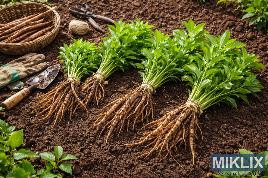 Freshly divided licorice root plants with long roots and leafy green tops laid out on dark garden soil beside gardening tools and a basket of roots. Freshly divided licorice root plants with long roots and leafy green tops laid out on dark garden soil beside gardening tools and a basket of roots.