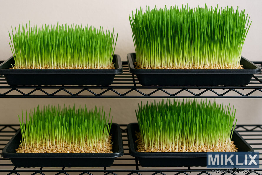 Four trays of wheatgrass at different growth stages arranged on a black wire shelf