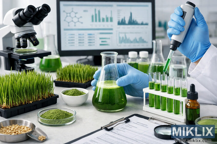 Scientist testing wheatgrass products in a modern laboratory with microscope, test tubes, and fresh wheatgrass on a white bench. Scientist testing wheatgrass products in a modern laboratory with microscope, test tubes, and fresh wheatgrass on a white bench.