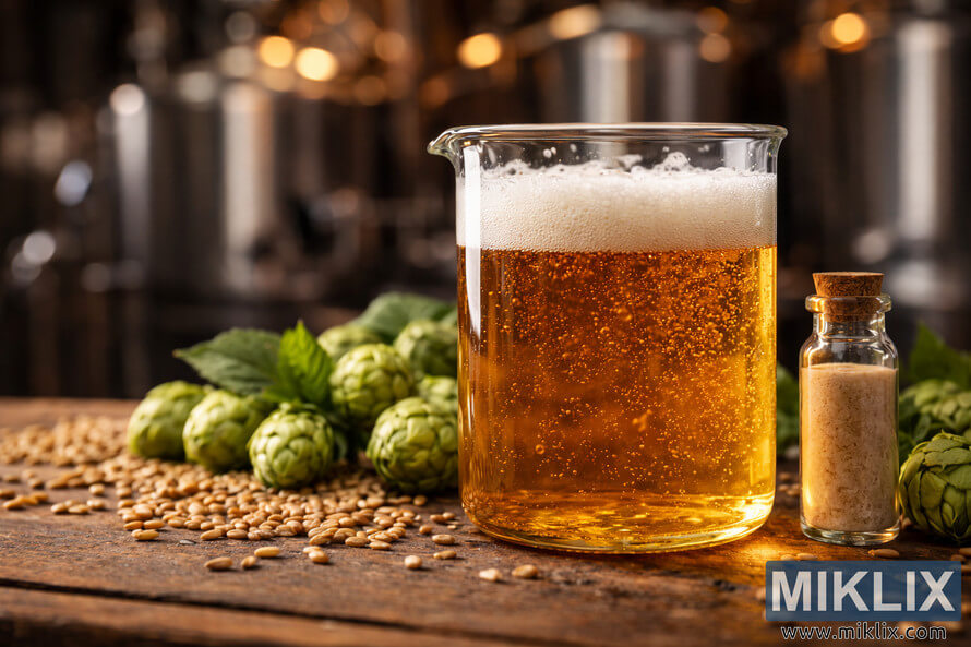 Close-up of a glass beaker filled with golden beer, surrounded by hops, barley grains, and a yeast vial, with blurred stainless steel fermentation tanks in the background.