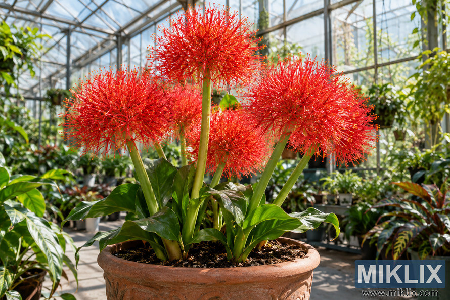 Large terracotta pot with vivid red spherical flowers and glossy green leaves in a bright glass greenhouse filled with plants. Large terracotta pot with vivid red spherical flowers and glossy green leaves in a bright glass greenhouse filled with plants.