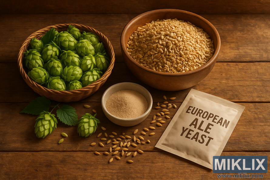 Fresh hops, crushed malted barley, and European ale yeast arranged neatly on a rustic wooden table in warm natural light. Fresh hops, crushed malted barley, and European ale yeast arranged neatly on a rustic wooden table in warm natural light.