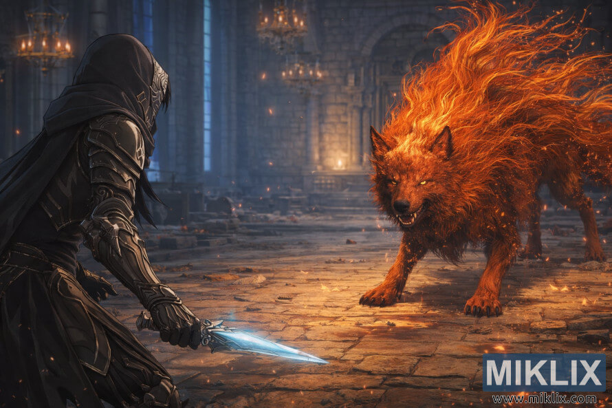 Fan art de style anime montrant le Sans-Ã©clat en armure de couteau noir affrontant le Loup Rouge de Radagon Ã  lâintÃ©rieur de lâAcadÃ©mie Raya Lucaria, quelques instants avant le dÃ©but du combat.