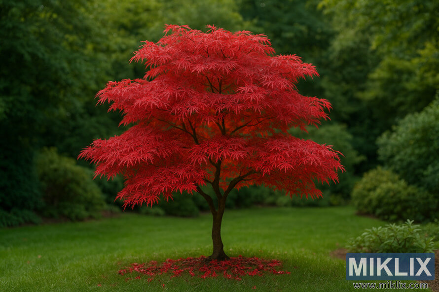 Ãrable japonais au feuillage rouge cramoisi comme piÃ¨ce maÃ®tresse dans un jardin luxuriant.