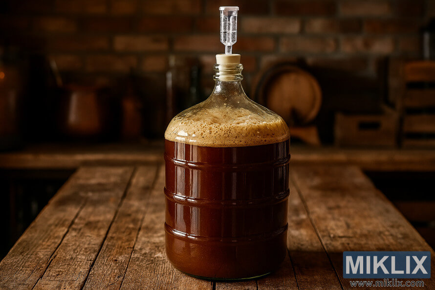 Karbohidrat qelqi qÃ« fermenton birrÃ« tÃ« fortÃ« nÃ« njÃ« tavolinÃ« rustike prej druri nÃ« njÃ« ambient birre nÃ« shtÃ«pi