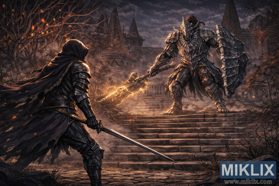 Anime-tyylinen synkkÃ¤ fantasiataideteos viittaan pukeutuneesta panssaroidusta soturista takaapÃ¤in nÃ¤htynÃ¤ goottilaisessa rauniossa leveillÃ¤ kiviportailla kohoavaa, salamoita heiluttavaa ritaria vastaan.