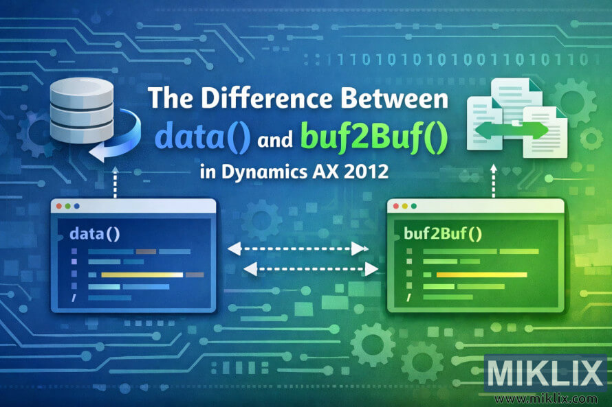 Banner illustrato che confronta data() e buf2Buf() con finestre di codice astratto, icone di database e documenti e frecce che mostrano le differenze concettuali.