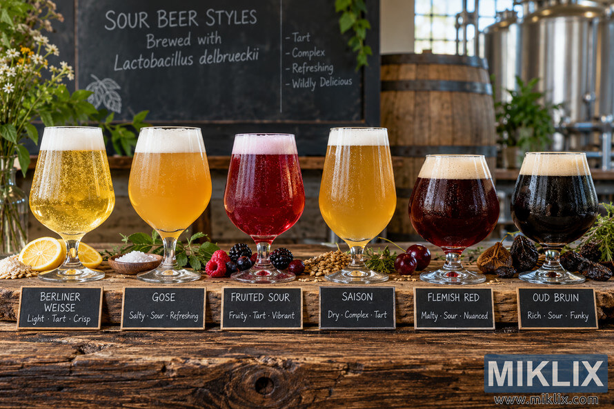 Six labeled sour beers ranging from pale gold to dark brown displayed on rustic wood with fruit, grains and herbs in a brewery setting. Six labeled sour beers ranging from pale gold to dark brown displayed on rustic wood with fruit, grains and herbs in a brewery setting.
