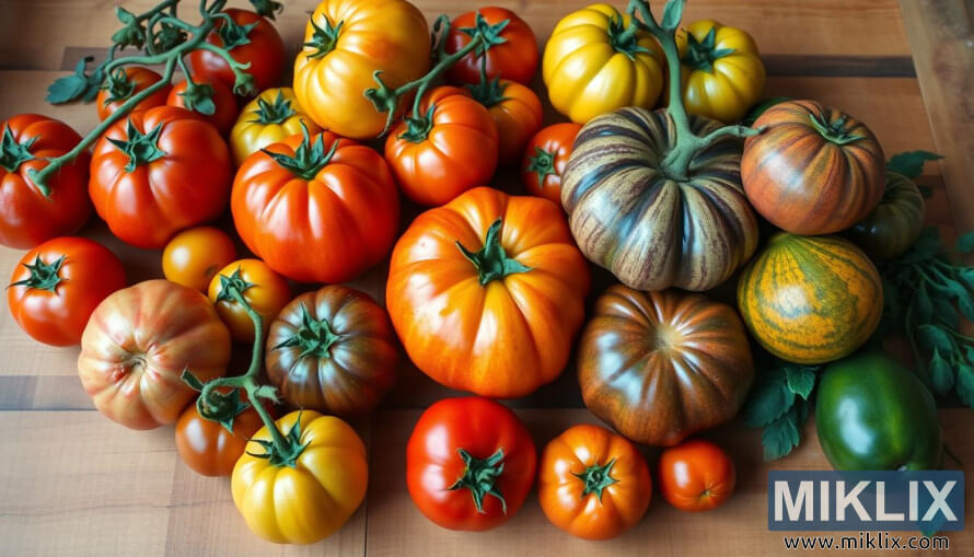 Assortiment de tomates anciennes de diffÃ©rentes couleurs et formes sur une surface en bois.
