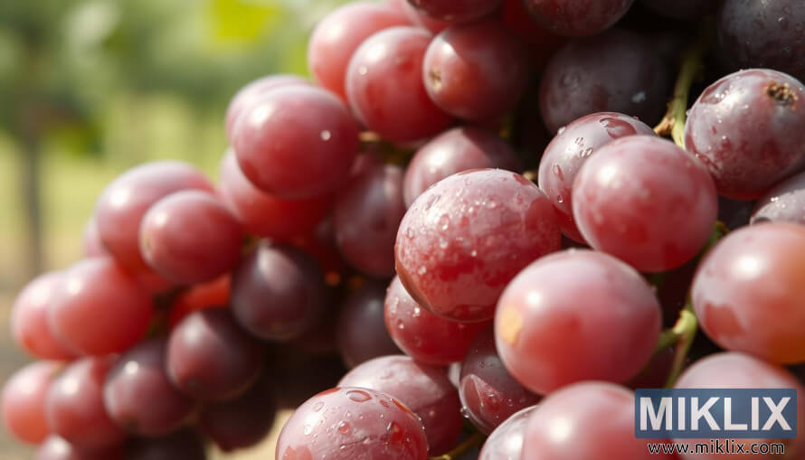 Posnetek sveÅ¾ega grozdja od blizu v vijoliÄni, bordo in zeleni barvi z vodnimi kapljicami.
