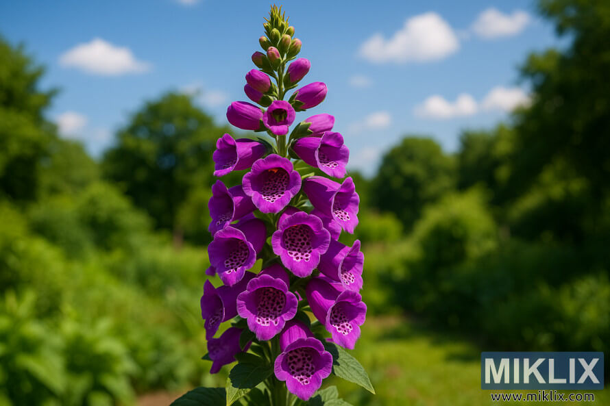 Gros plan de la digitale pourpre dalmate avec des fleurs en forme de cloche dâun violet profond et des gorges tachetÃ©es, debout fiÃ¨rement sous un ciel dâÃ©tÃ© Ã©clatant.