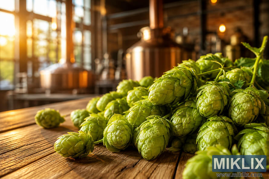 Close-up of vibrant green Precoce de Bourgogne hop cones arranged on a rustic wooden table inside a warmly lit craft brewery, with blurred brewing equipment glowing in golden hour sunlight and delicate oil droplets shimmering on the hops.