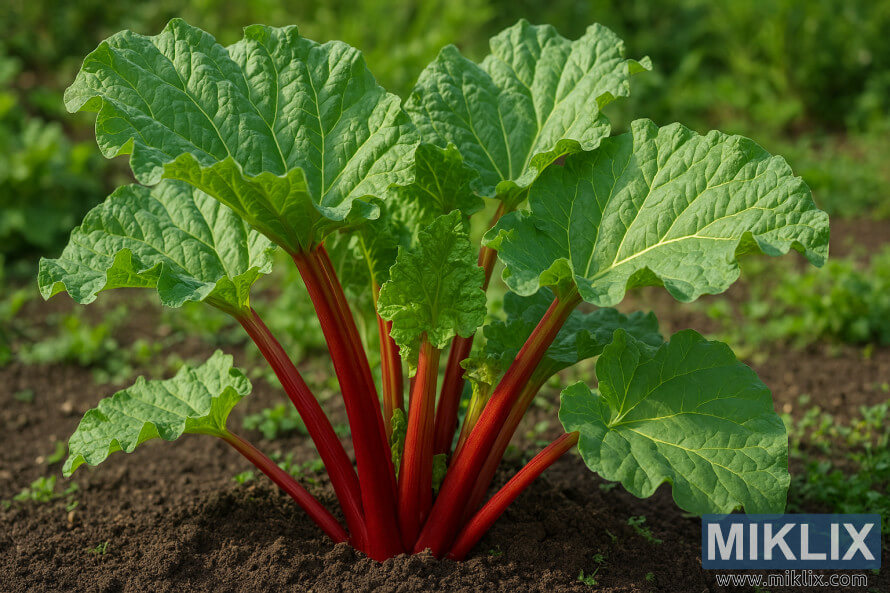Rhubarb plant with red stalks and green leaves growing in garden soil