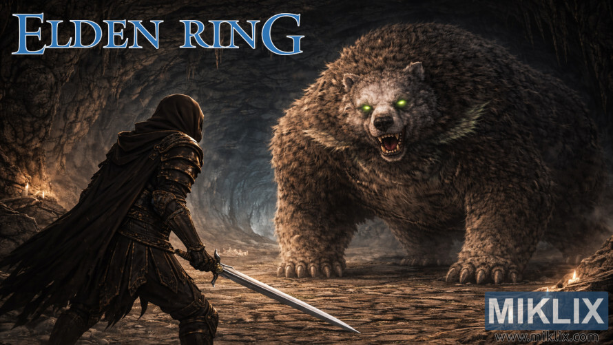 Fan art of a Black Knife armored warrior facing a gigantic Runebear inside a dark underground cave inspired by Elden Ring.