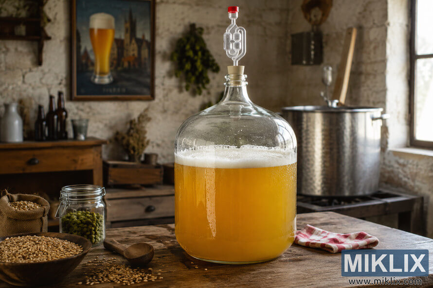 Glass carboy filled with fermenting Belgian Saison on a rustic wooden table inside a traditional farmhouse-style homebrewing room with brewing grains, hops, and warm natural light. Glass carboy filled with fermenting Belgian Saison on a rustic wooden table inside a traditional farmhouse-style homebrewing room with brewing grains, hops, and warm natural light.
