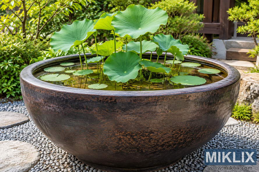Large weathered dark-brown water container filled with green lotus leaves, set on gray gravel among stones and lush garden plants.