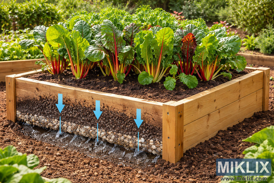 Wooden raised garden bed filled with colorful Swiss chard showing layered soil and gravel for improved drainage with water flowing out below.